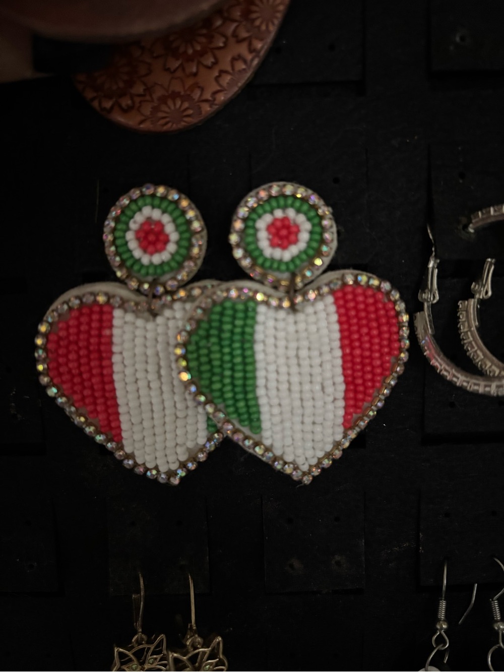 Beaded Irish Flag Heart Drop Earrings — Red, White & Green